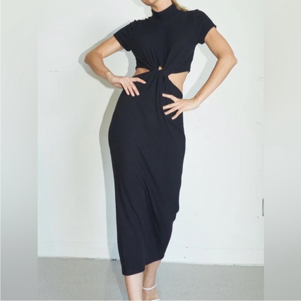 NWT LNA Neo Twist Front Black Ribbed Midi Dress XL
